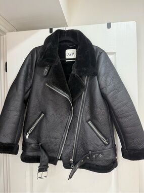 ZARA Black Faux Shearling Jacket with Fur Trim